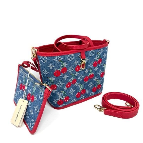 Louis Vuitton x Takashi Murakami Neverfull BB Inside Out Denim Cerises Cherry
